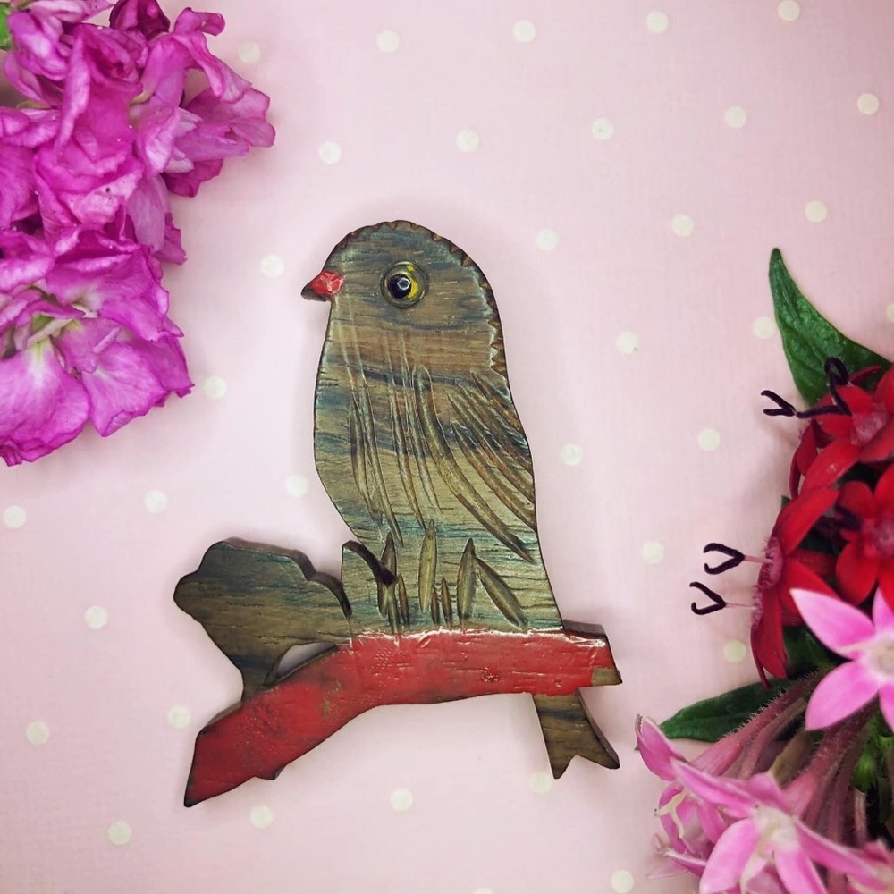 1940s Carved wood Bird Pin